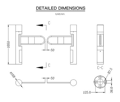 HCW Stainless Steel Barrier Turnstile Gate with Adjustable Channel Width (600-1250mm) and 5 Million Cycle Lifespan for High Traffic Areas